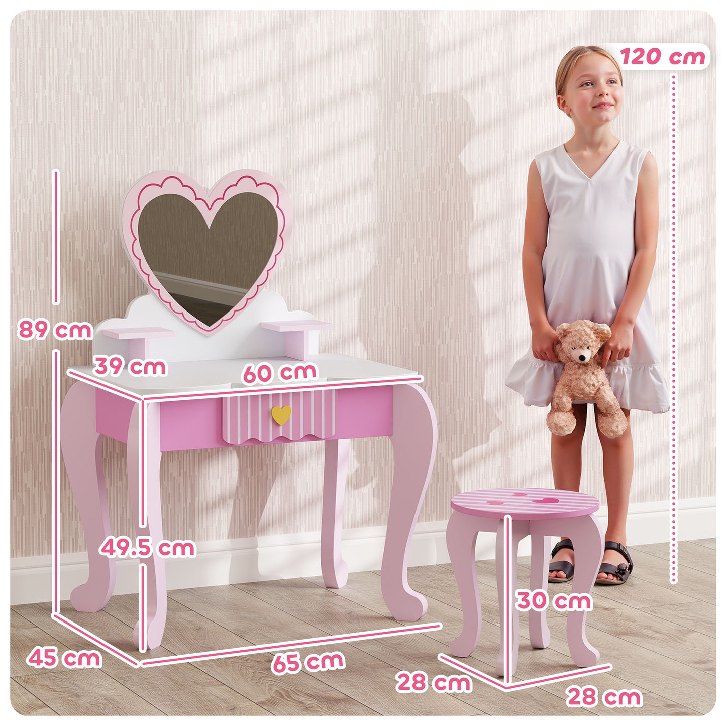 Kids Dressing Table Set, Vanity Table with Stool, Mirror, Drawer (2)