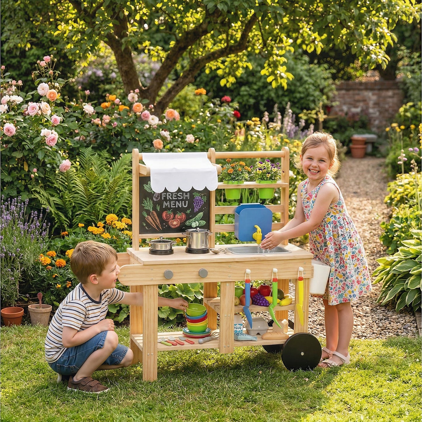 Mud Kitchen with Real Water Faucet Pretend Play Kitchen Playset
