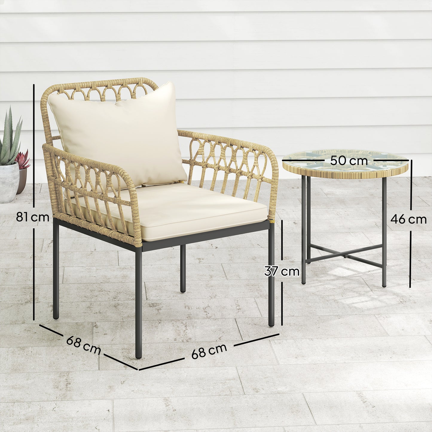 3 Piece Rattan Bistro Set, Wicker Garden Furniture Set with Cushions