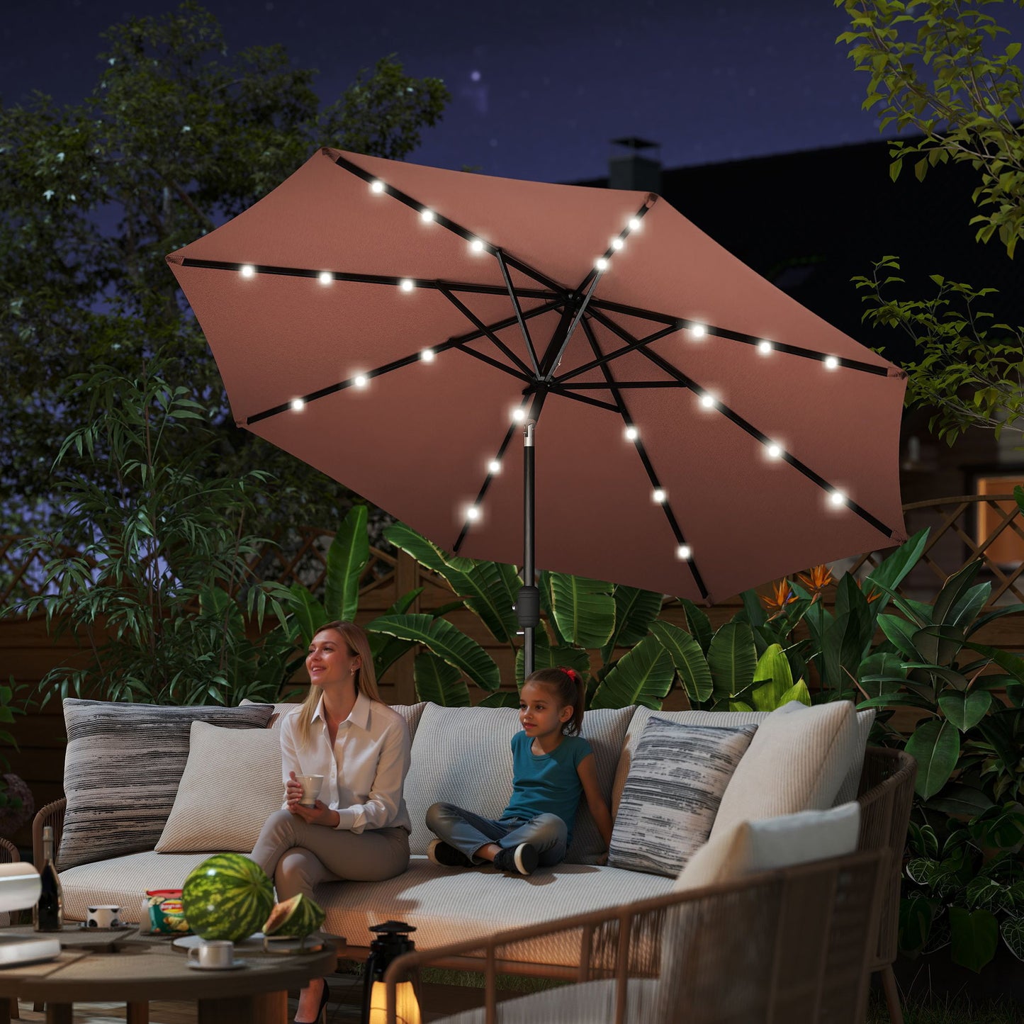 Φ2.7m Garden 24 LED Light Parasol Solar Outdoor Tilt Sun Umbrella