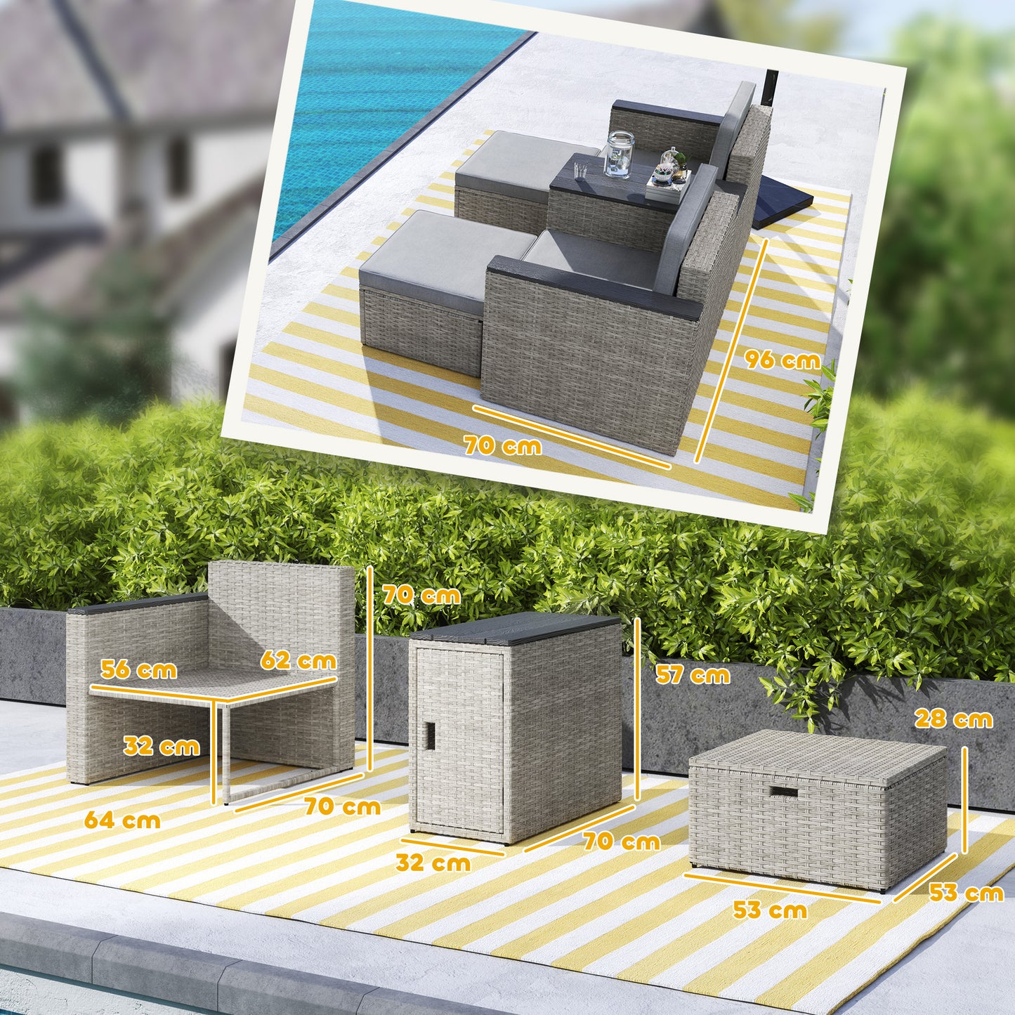 5 Piece Rattan Garden Furniture Set with Storage Table, Footstools