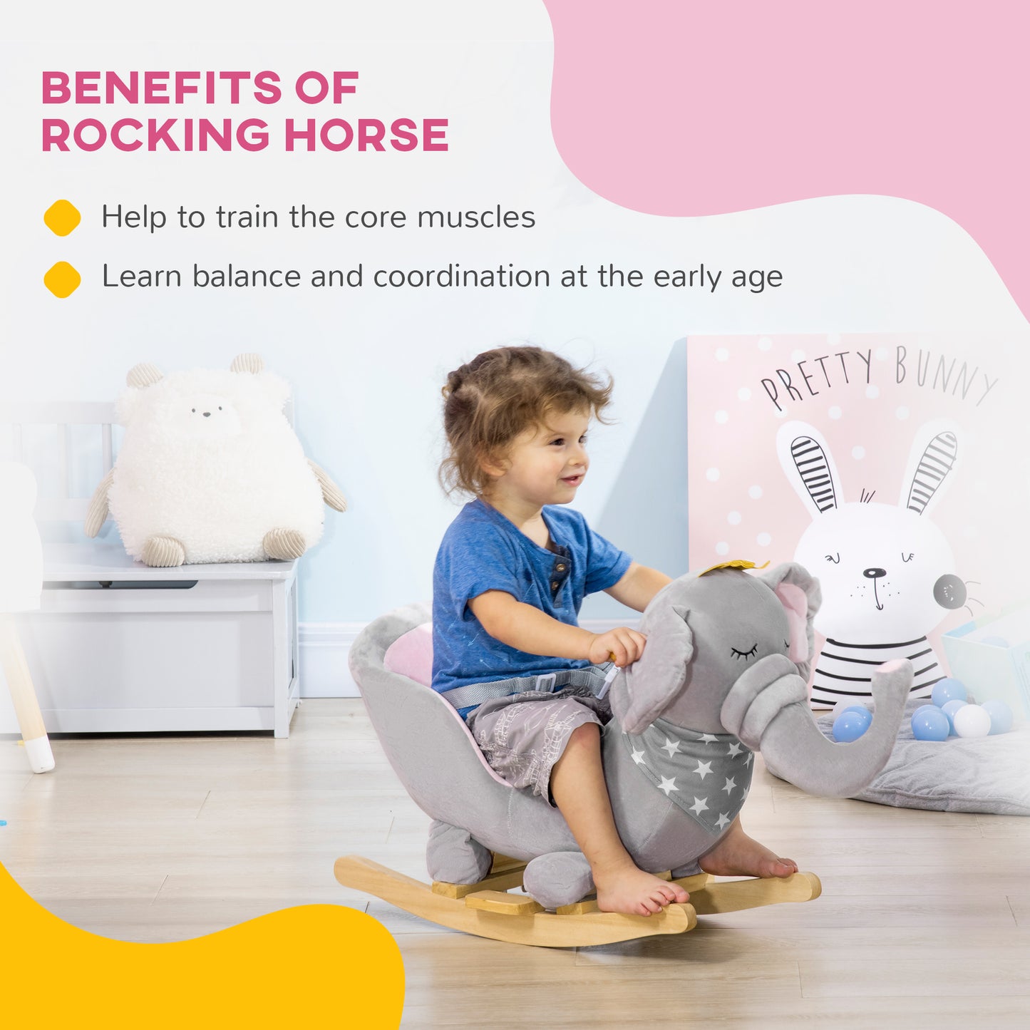 Kids Elephant-Designed Rocking Horse, with Safety Belt, Wooden Base