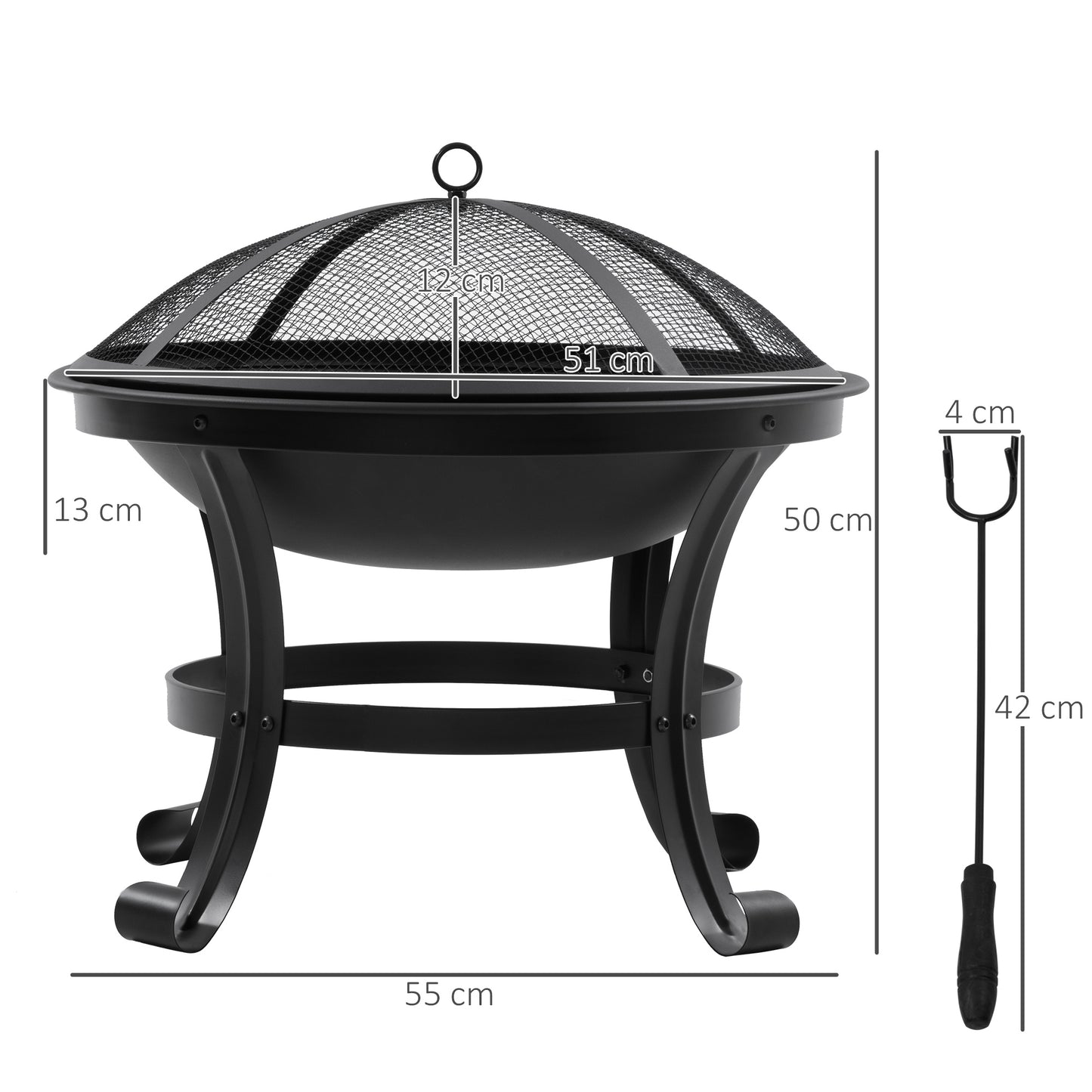 Outdoor Fire Pit, Firepit with Mesh Lid, Poker, for Camping, Bonfire