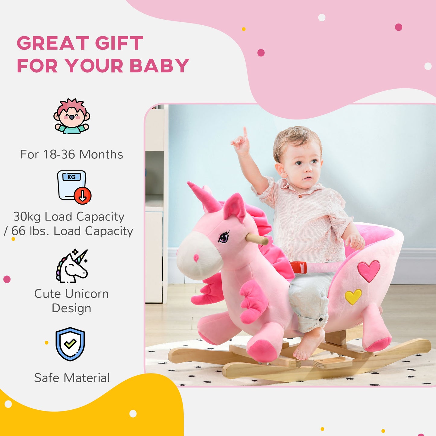 Kids Rocking Horse Ride on Unicorn with Songs, Wooden Base, Seatbelt