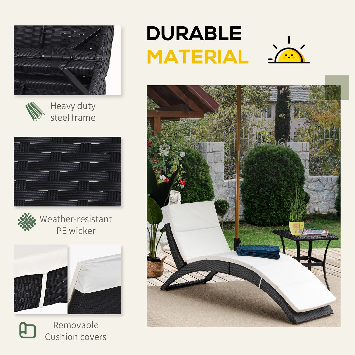 Folding Sun Lounger, PE Rattan Garden Lounger Chair