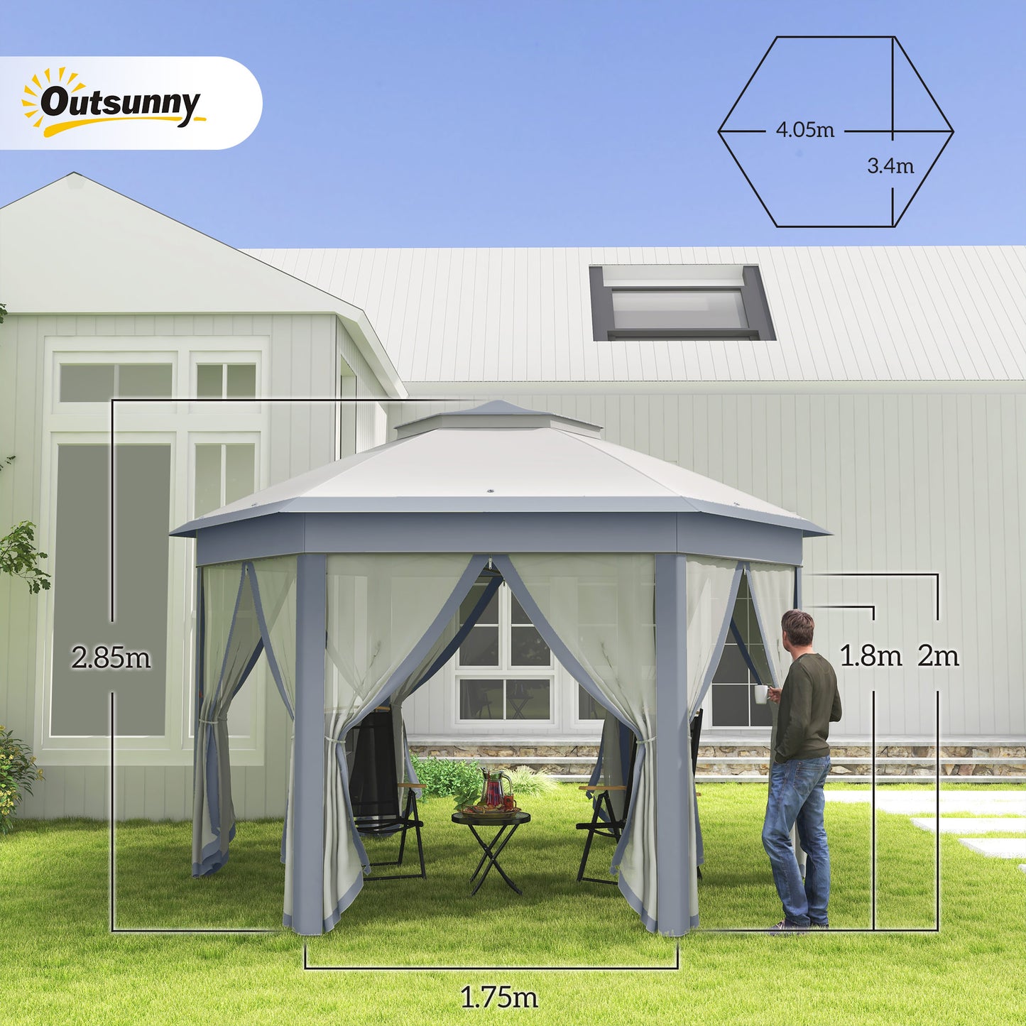 3 x 4m Metal Frame Hexagon Gazebo, with Curtains