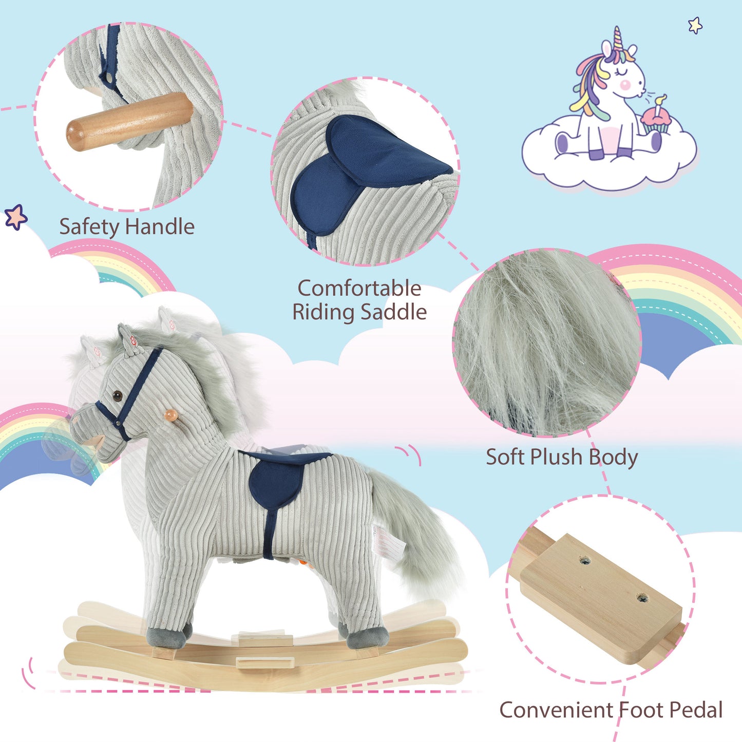 Kids Plush Rocking Horse w/ Sound Children Rocker Ride On Toy Gift