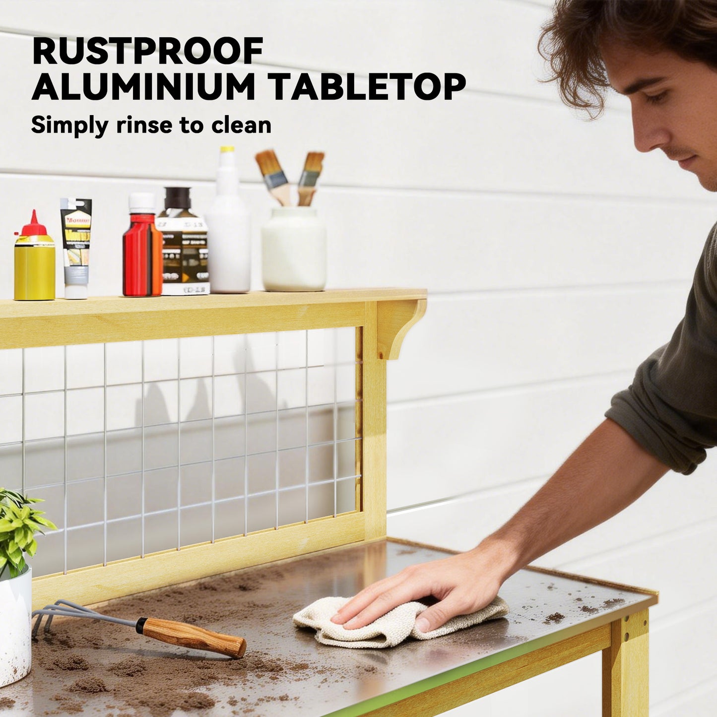 Wooden Potting Bench Table with Aluminium Worktop (1)