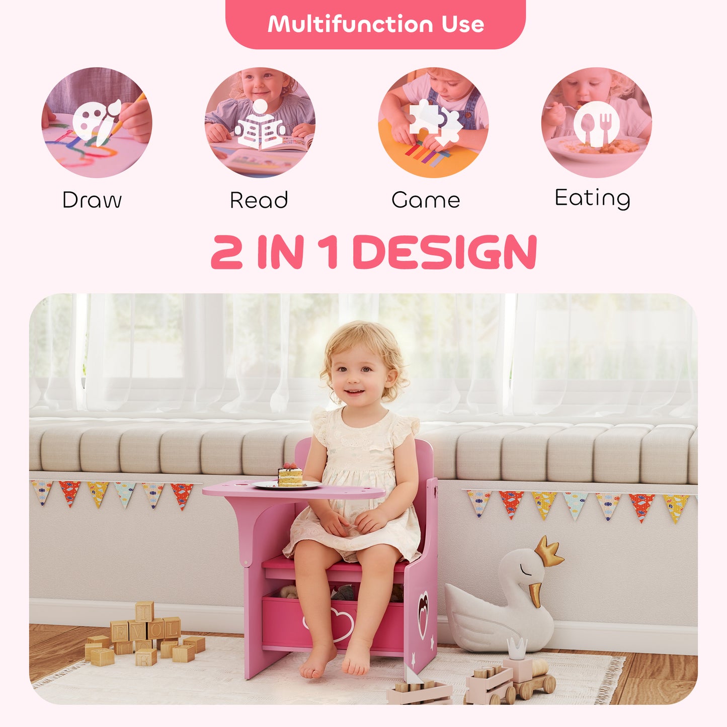 Kids Table and Chair Set, Children Desk and Chair with Storage Bins