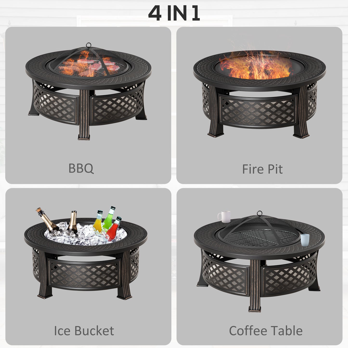 Outdoor Fire Pit, Firepit with Grill Net, Mesh Lid, Poker