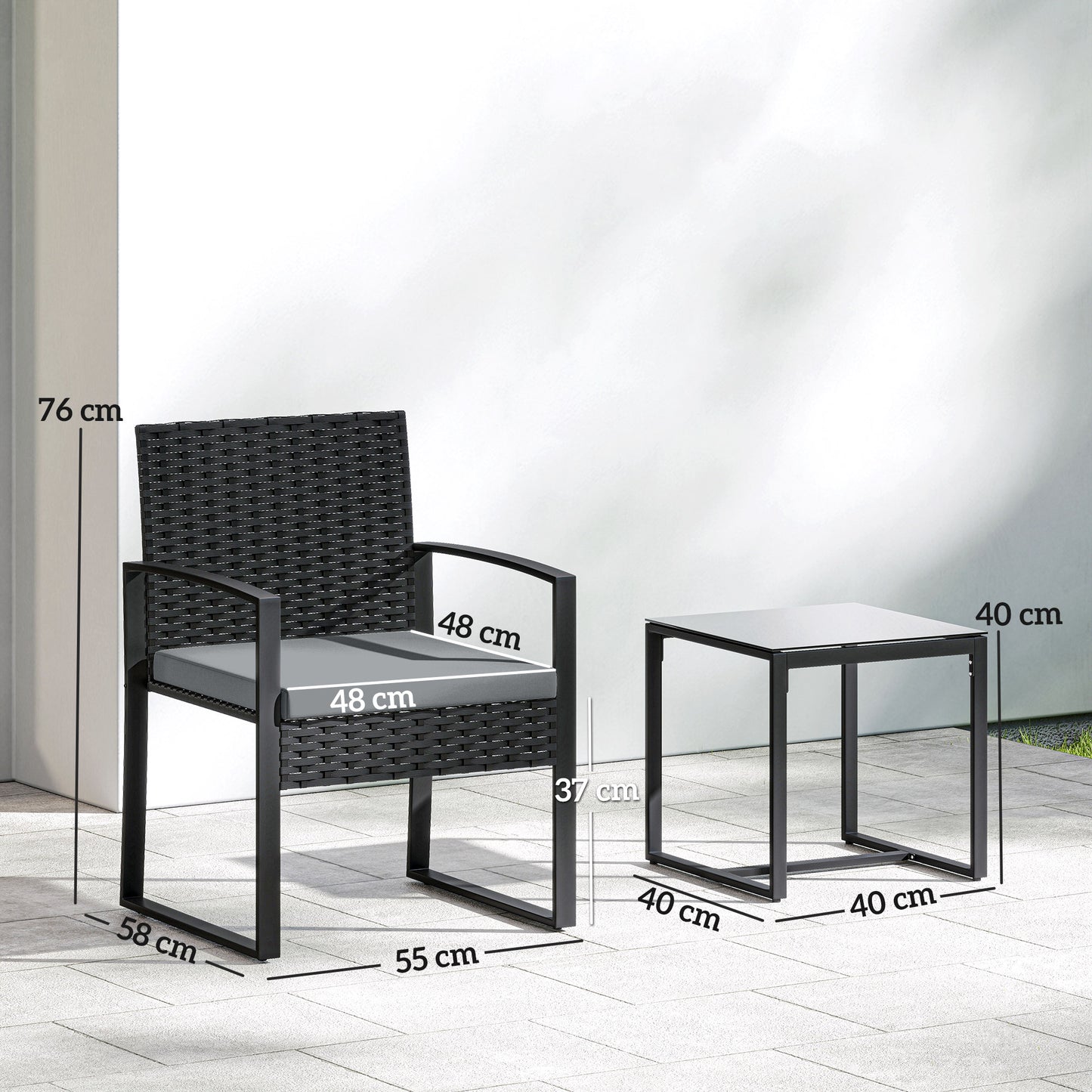 Rattan Bistro Set, 3 Piece Garden Furniture Set with Glass Top Table