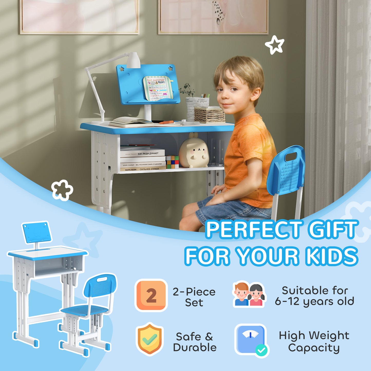 Kids Adjustable Desk and Chair Set, Book Stand, Pen Slot