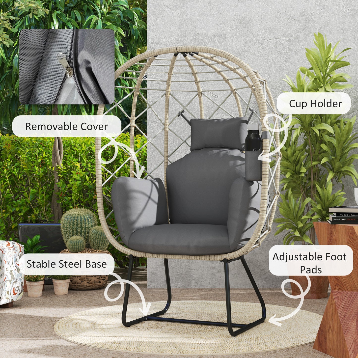 Rattan Egg Chair Outdoor Indoor Wicker Chair with Thickened Cushion