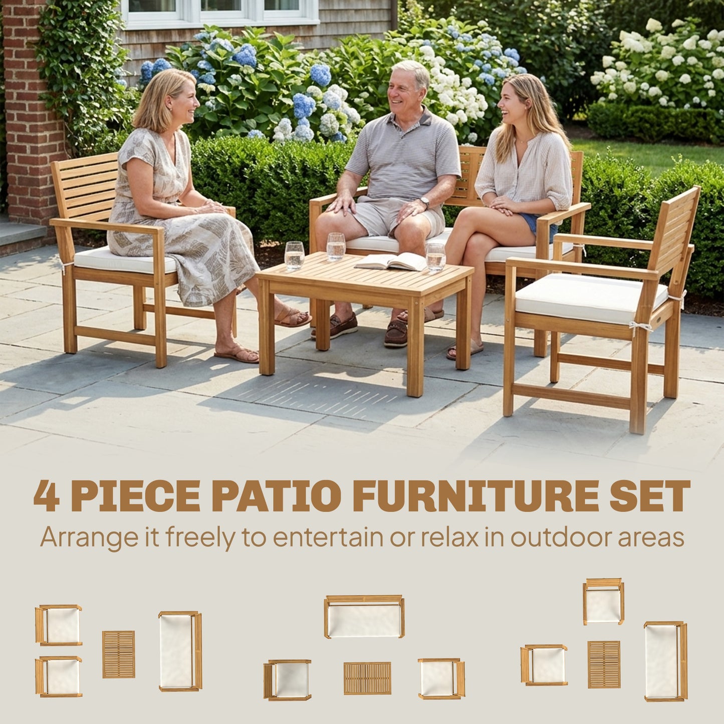 4 Seater Wooden Garden Furniture Set with Loveseat, Armchairs, Table