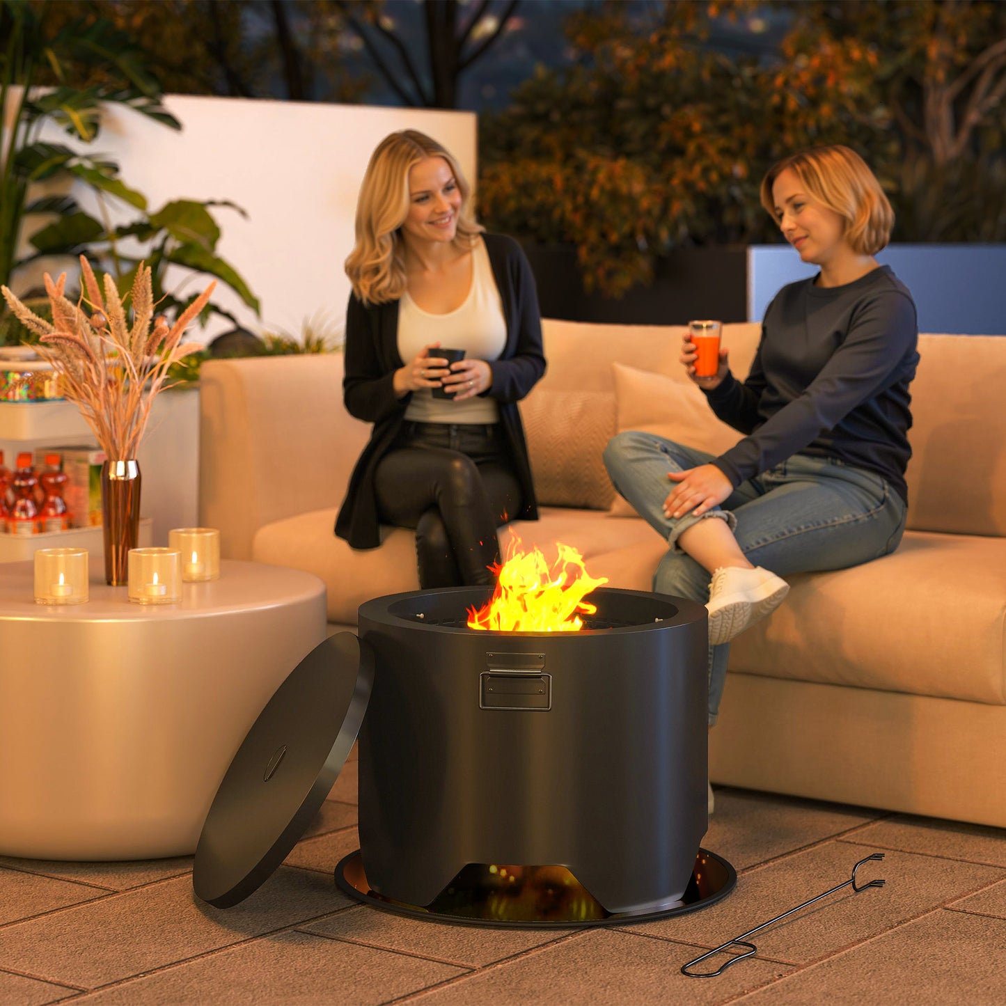 Outdoor Round Fire Pit with Lid and Fire Poker