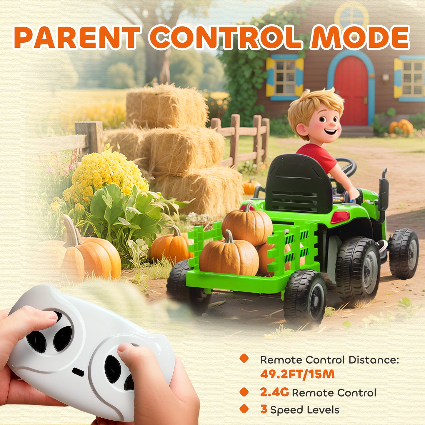 12V Ride on Tractor and Trailer with Remote Control, Music, Shifter