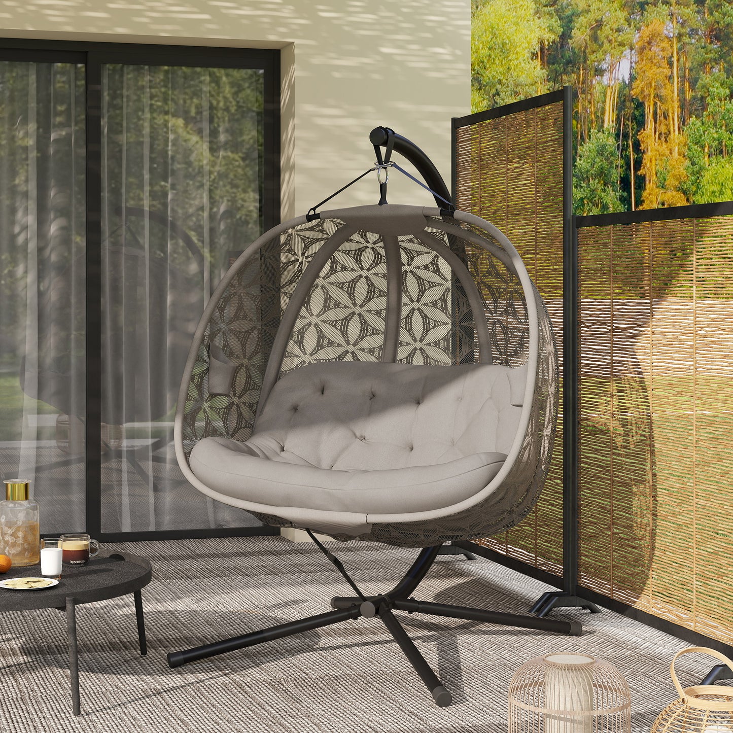 Outdoor Double Hanging Chair with Cushion and Cup Holders