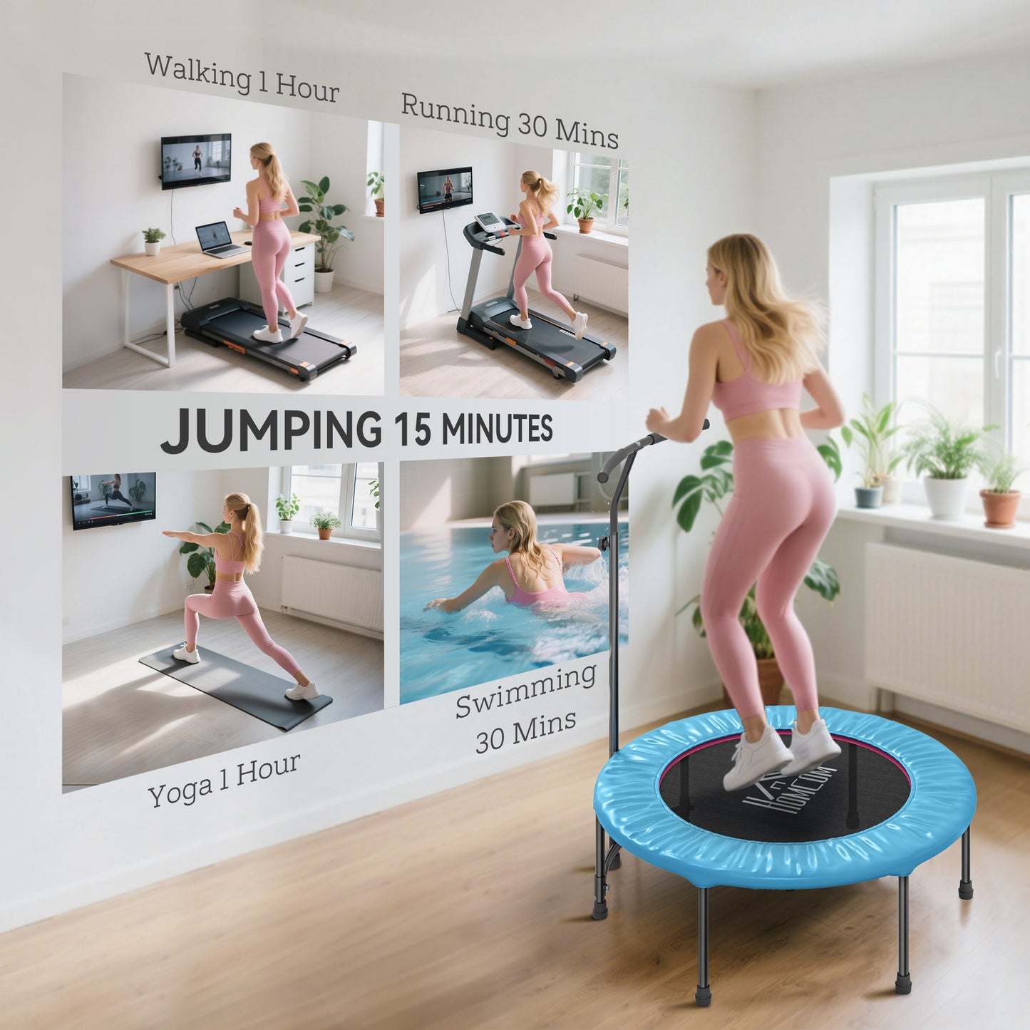 40" Fitness Trampoline with Adjustable Handle, Rebounder Trampoline
