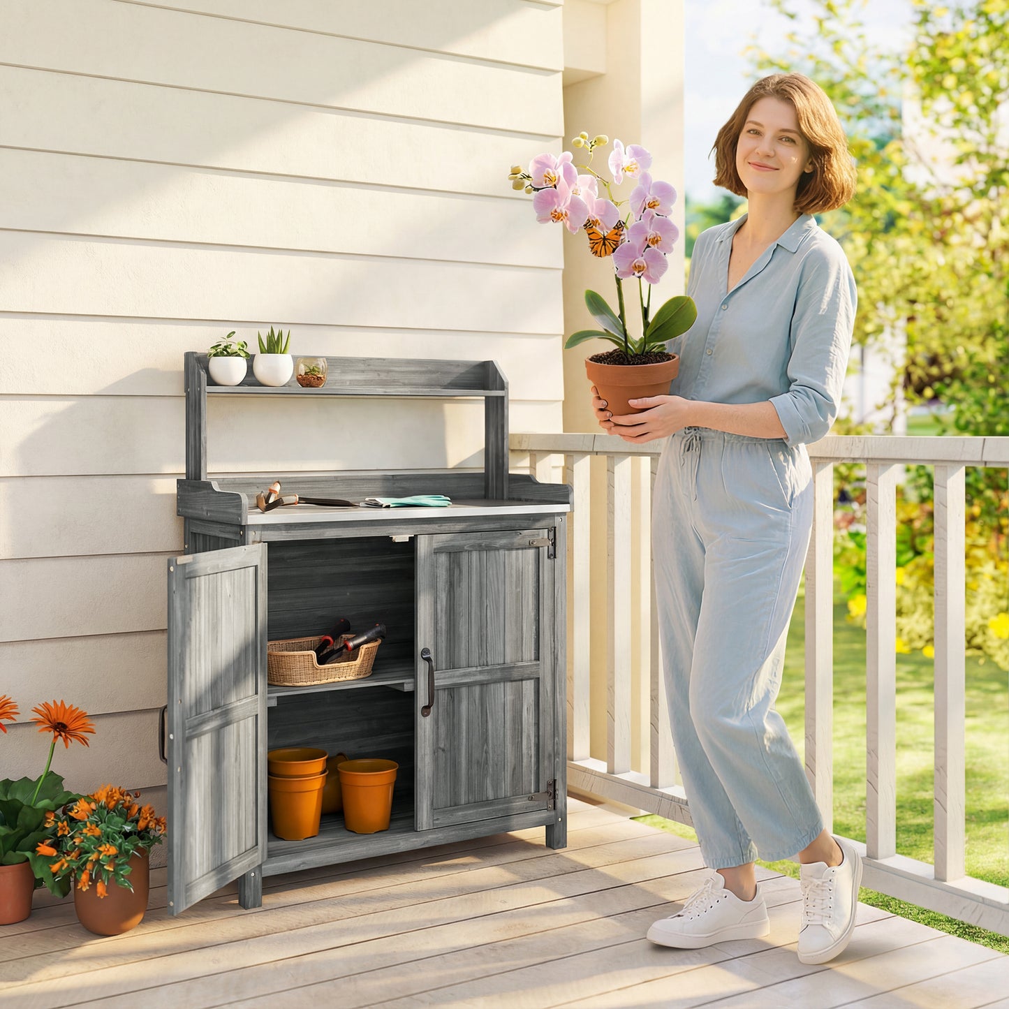 Wooden Potting Bench Table with Aluminium Worktop