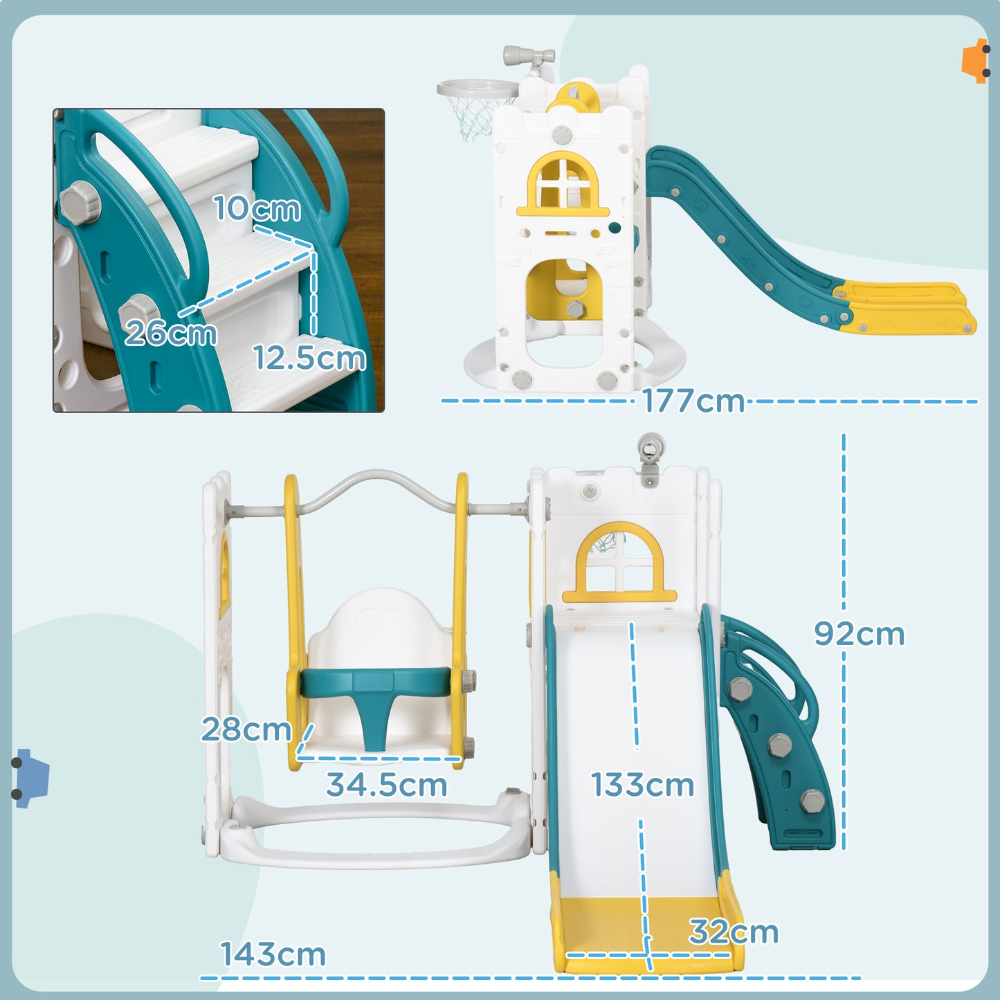 6-in-1 Swing and Slide Set, Kids Playground with Basketball Hoop