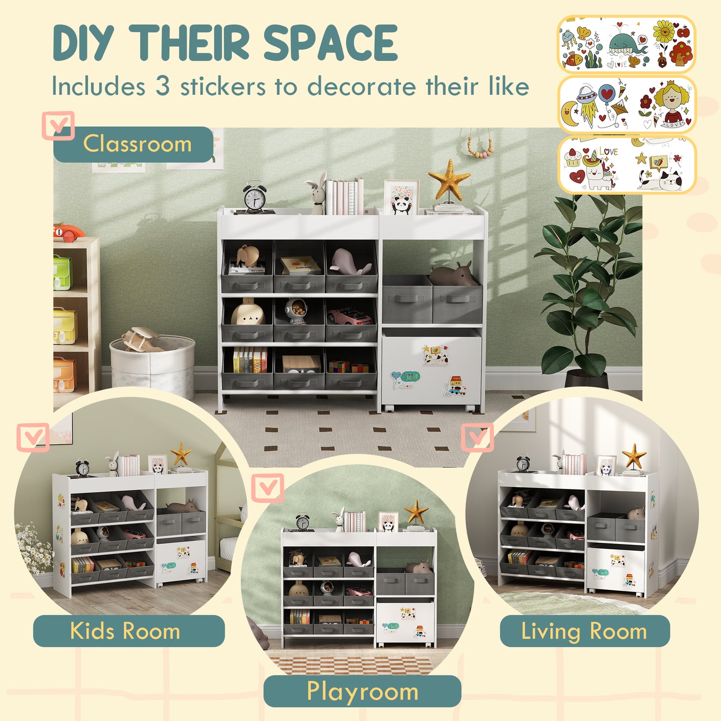 Kids Toy Storage Unit with 11 Bins, Cabinet, Top Shelves, 3 Stickers
