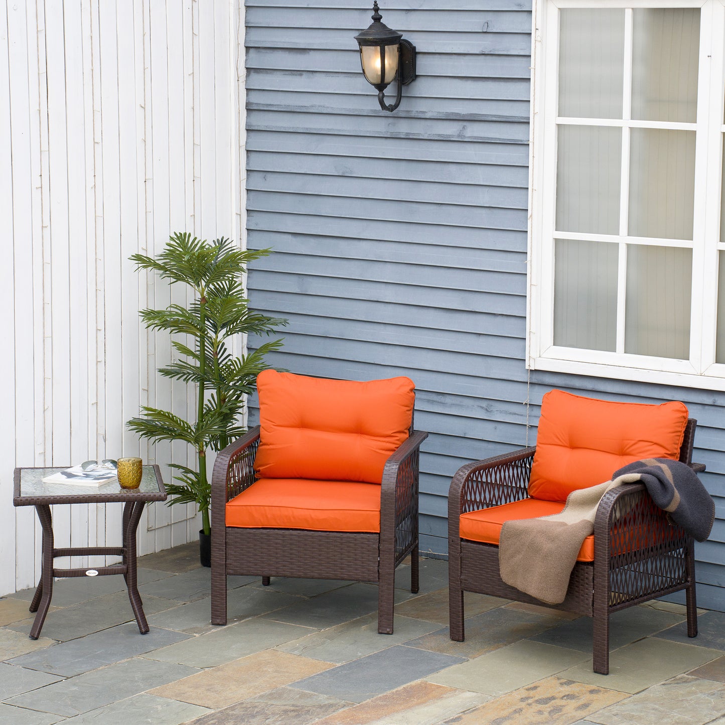 3 Pieces Rattan Bistro Set with Glass Top Coffee Table