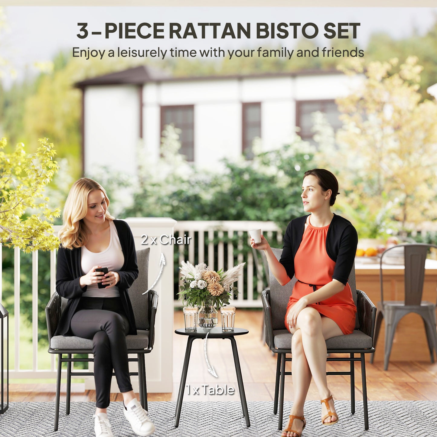 3-Piece Rattan Bistro Set, Garden Table and Chairs with 4 Cushions
