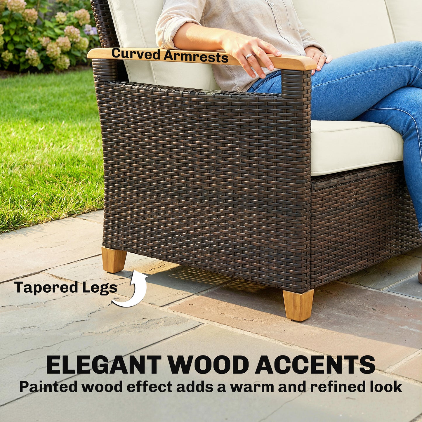 3 Seater Rattan Garden Sofa, PE Wicker Outdoor Sofa Wide Deep Seat