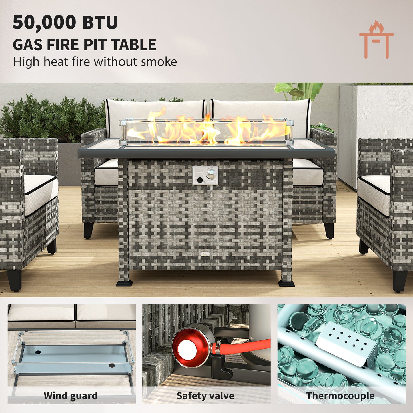 5-Piece Rattan Patio Furniture Set with Gas Fire Pit Table