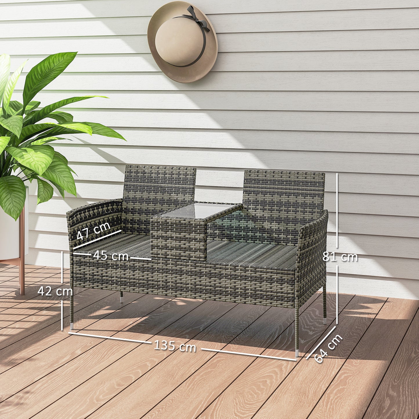 Two-Seat Rattan Chair, with Middle Table