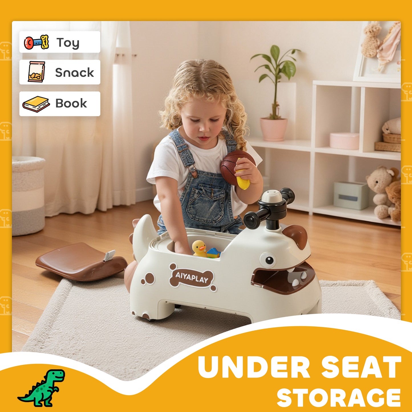 Kids Ride On Car, Dinosaur Foot to Floor Slider with Storage