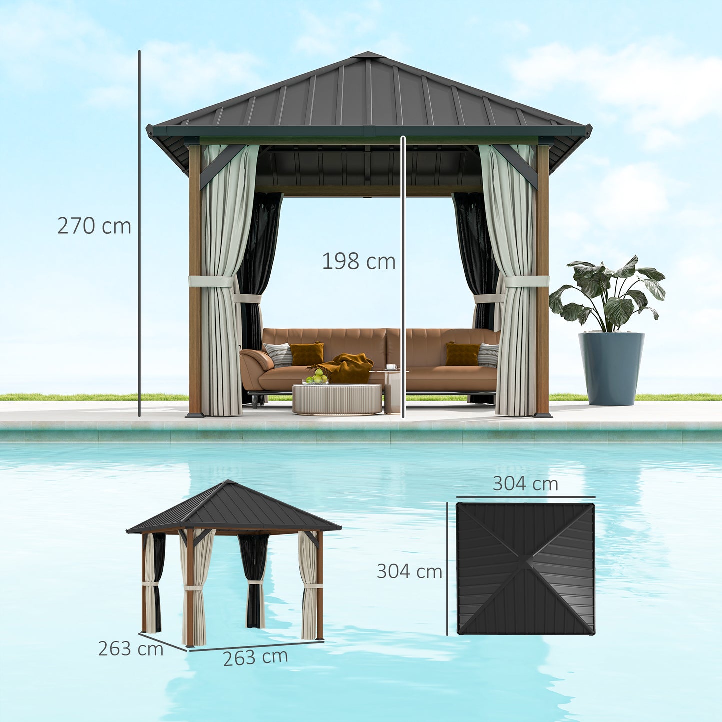 3 x 3(m) Hardtop Gazebo with Galvanised Steel Roof and Water Gutter