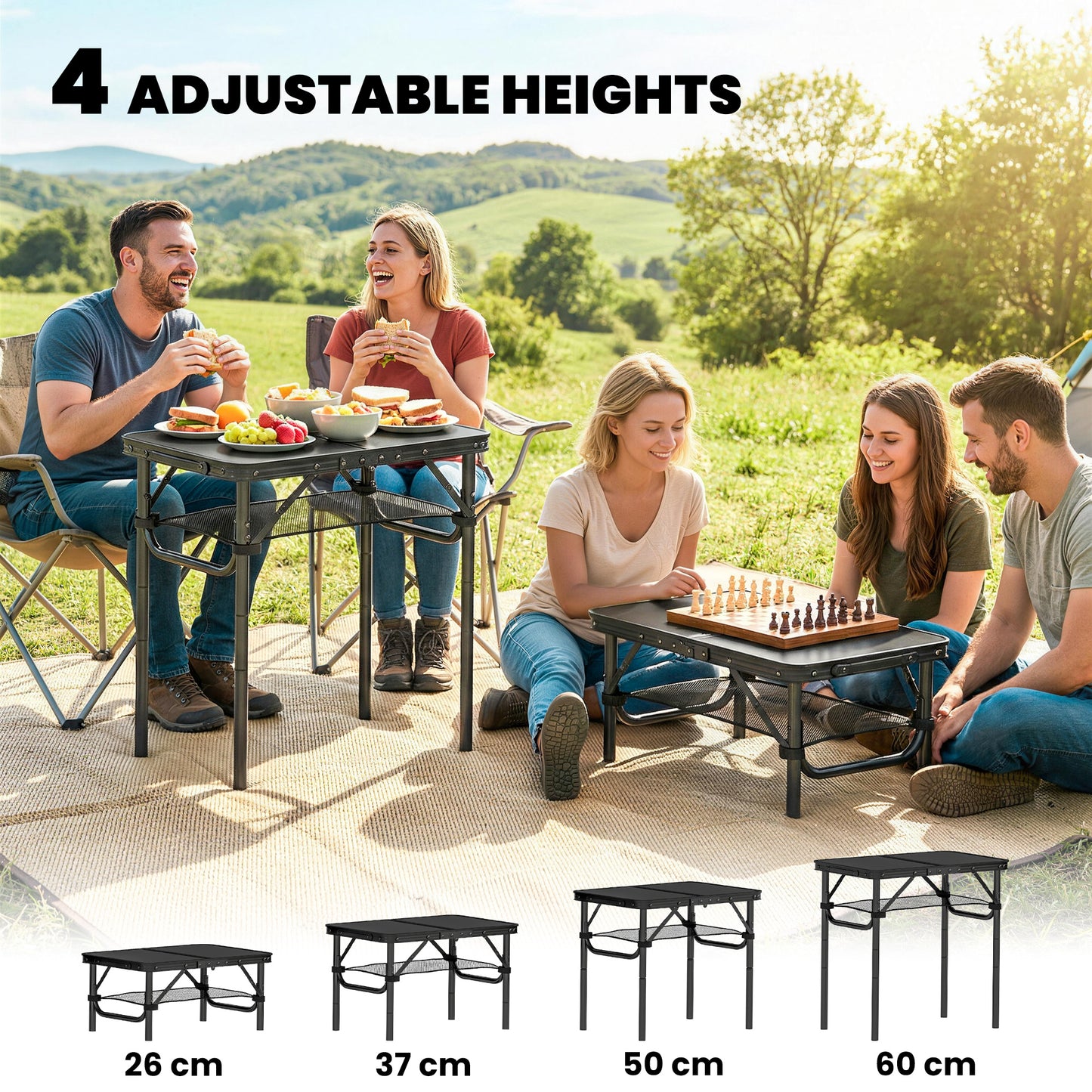 2ft Folding Camping Table, Picnic Table with Mesh Storage Layer
