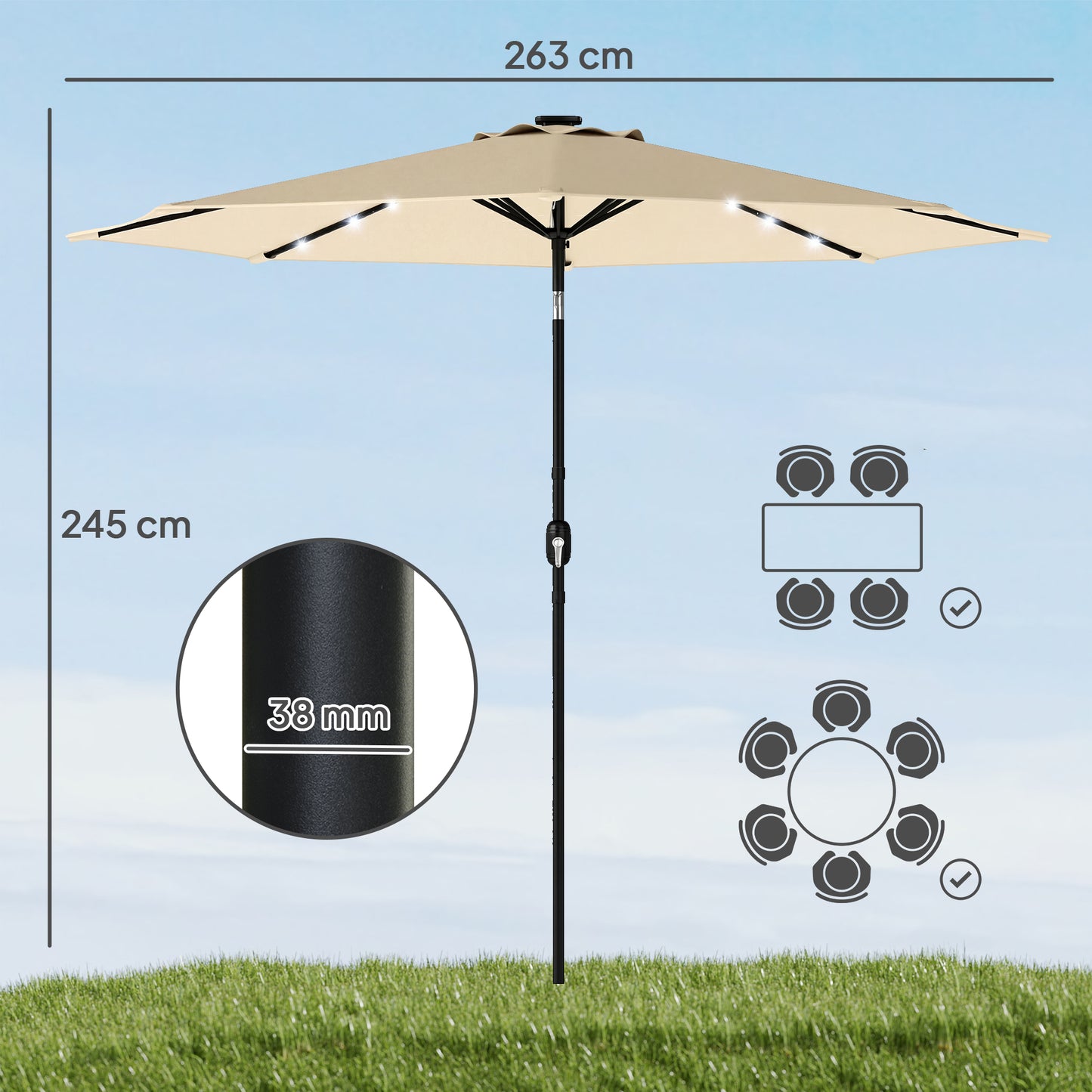 2.6 m Garden Parasol Umbrella with LED Solar Light, Parasol Cover