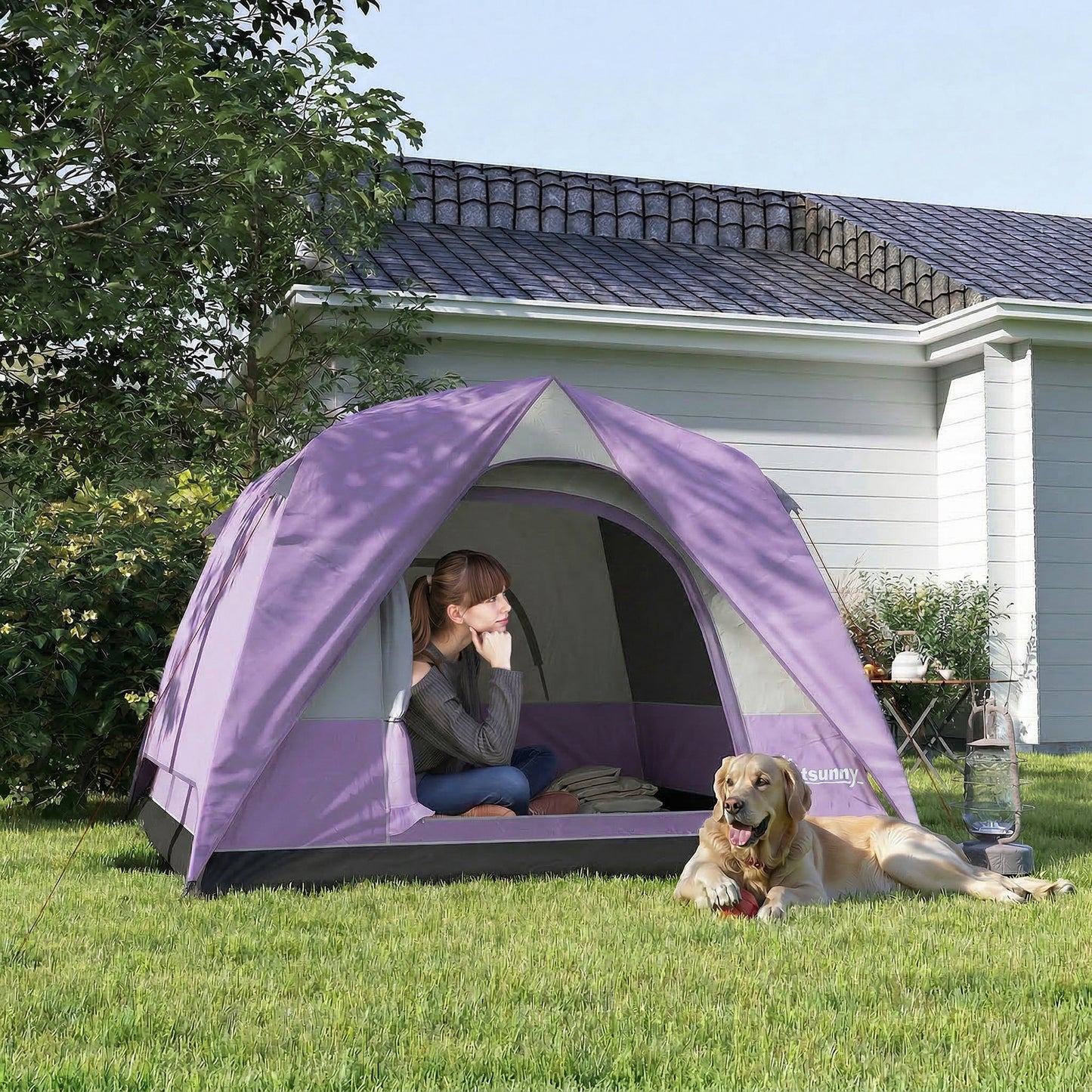 3-4 Person Camping Tent, Easy Set Up 3-4 Man Tent w/ Sewn-in