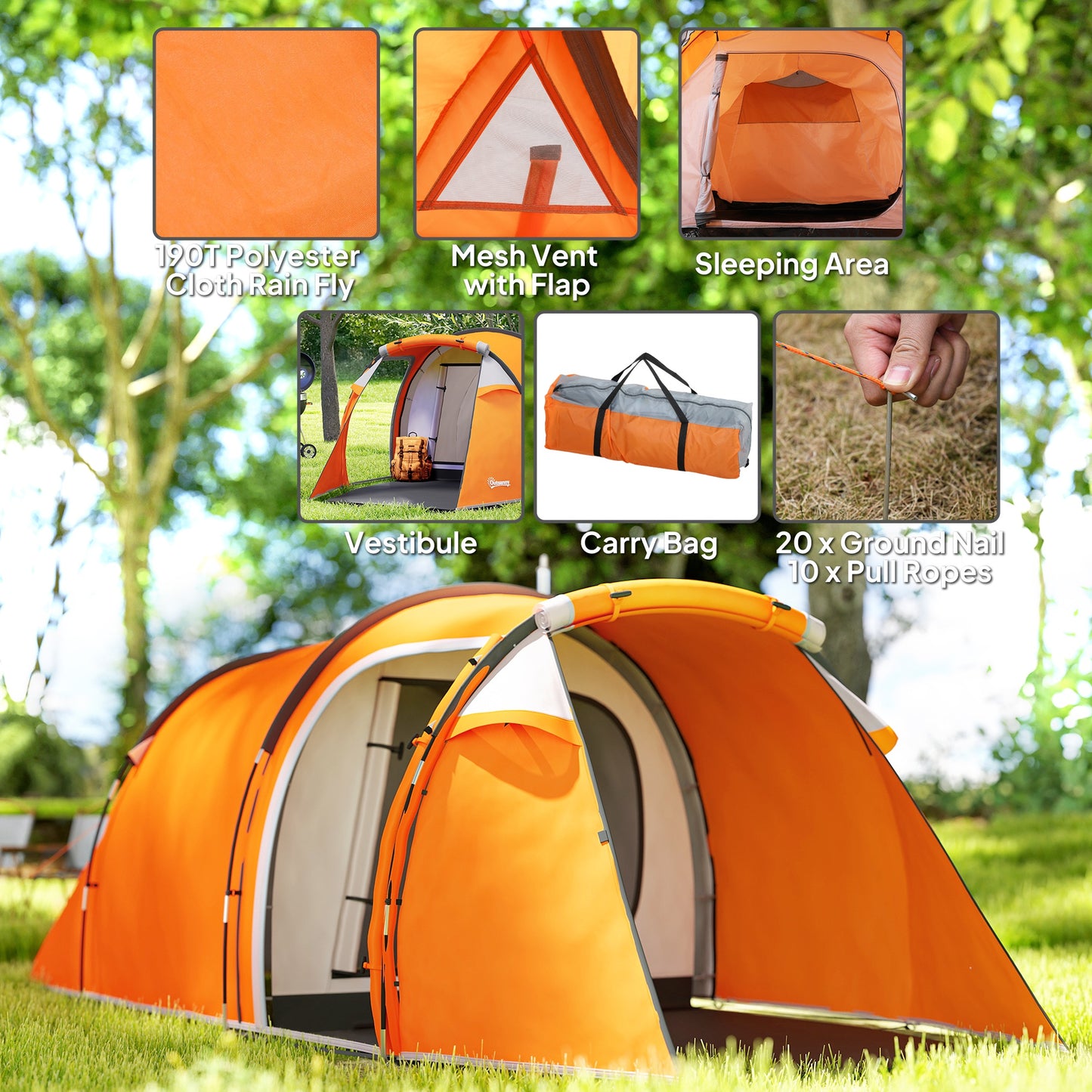 2-3 Man Tunnel Tents w/ Vestibule Camping Tent Porch Air Vents