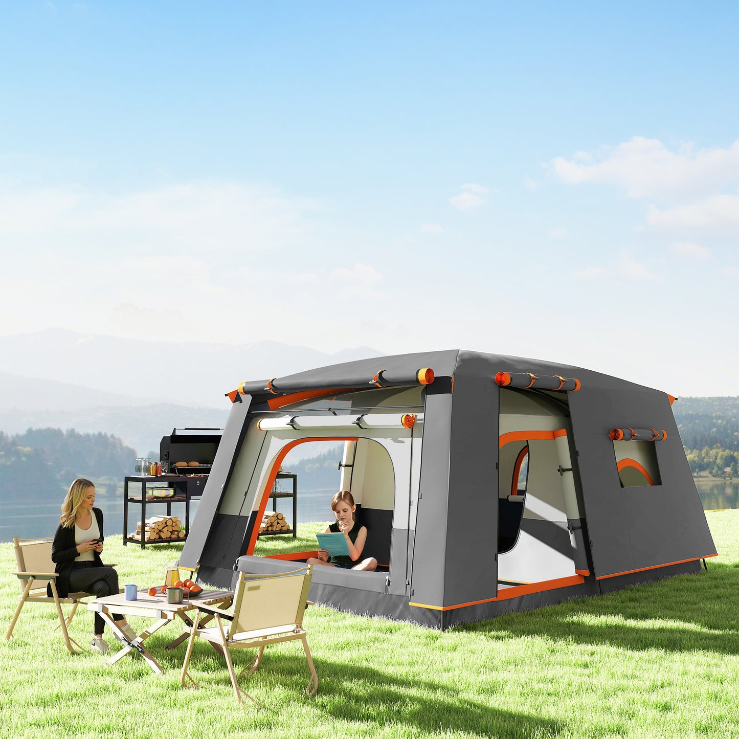 5 Man Camping Tent, Double Layer Tunnel Tent with Porch