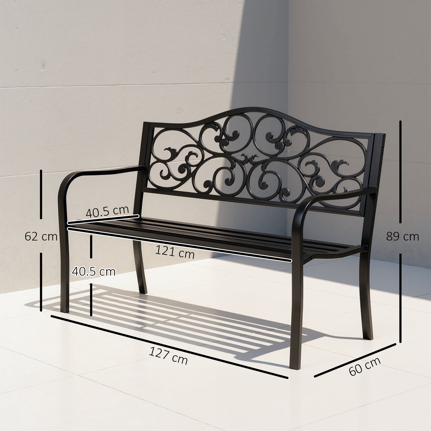 Metal Garden Bench with Floral Backrest and Armrests