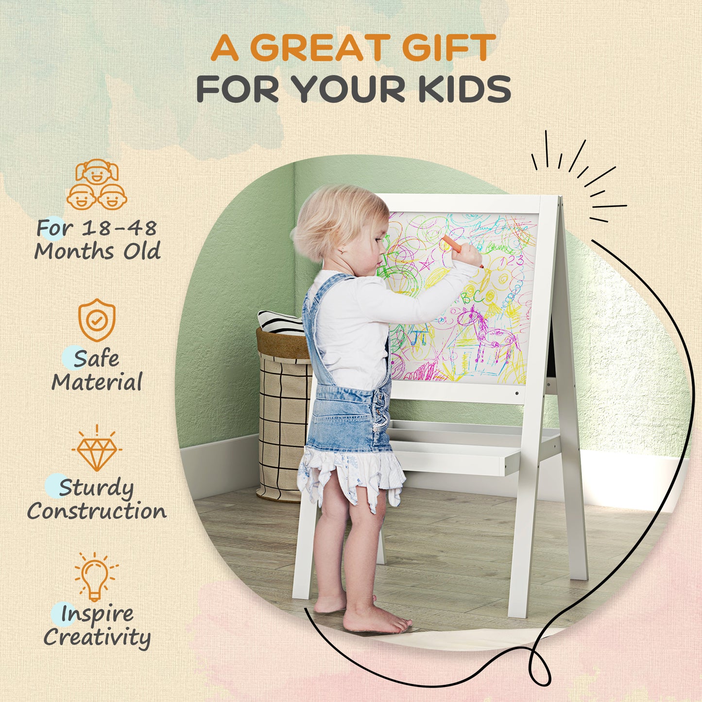 Kids Easel, Art Easel with Double Sided Whiteboard, Chalkboard
