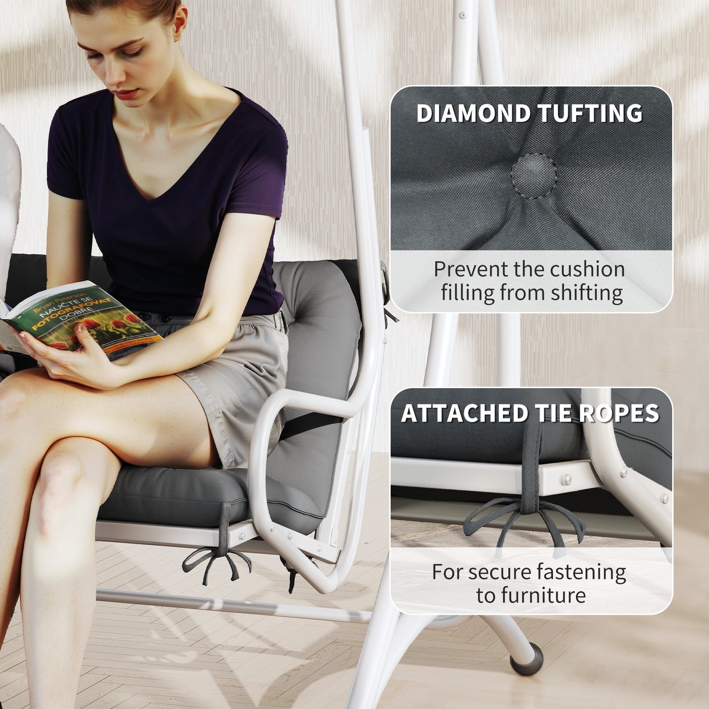 3 Seater Bench Cushion, Garden Chair Cushion with Back and Ties
