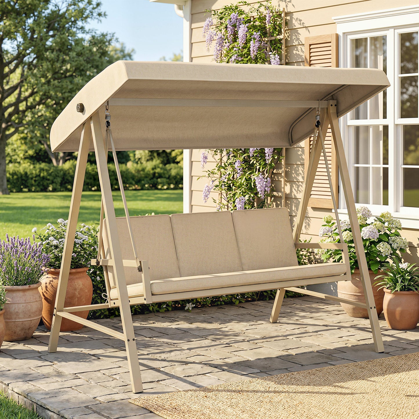Three-Seat Garden Swing Chair, with Adjustable Canopy