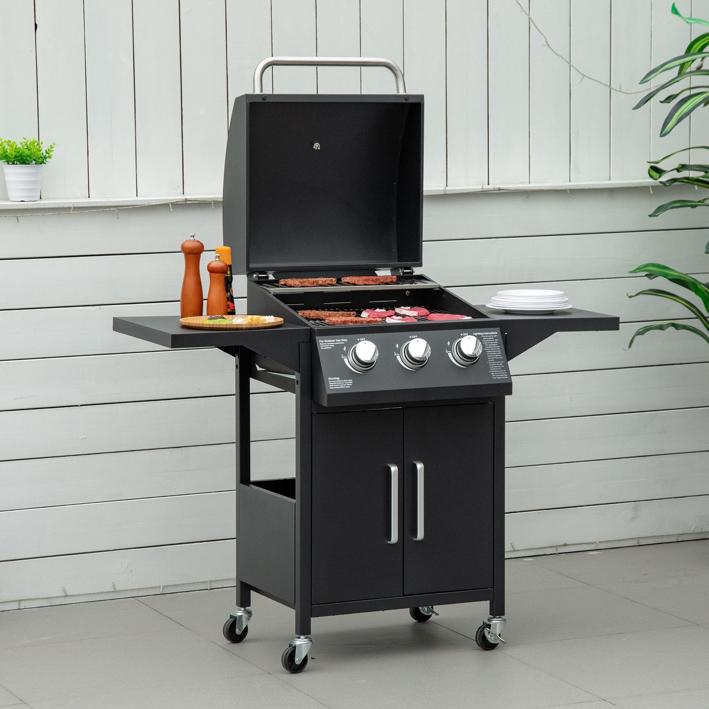 3 Burner Gas BBQ Grill Outdoor Portable Barbecue Trolley w/ Warming