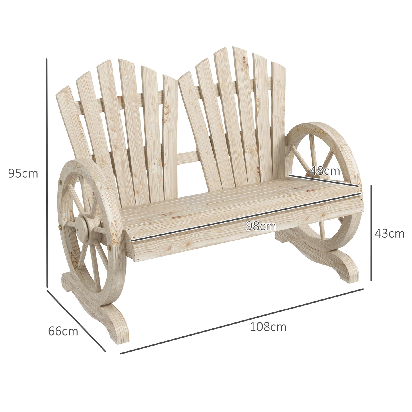 Fir Wood Love Seats with Wheel-Shaped Armrests