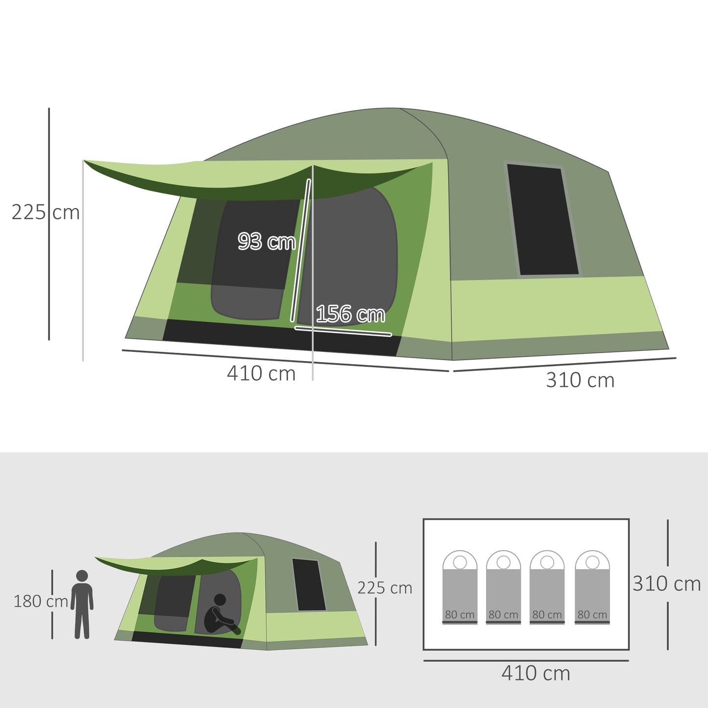 Tunnel Tent Camping Shelter w/ Porch, Two Rooms, Lamp Hook