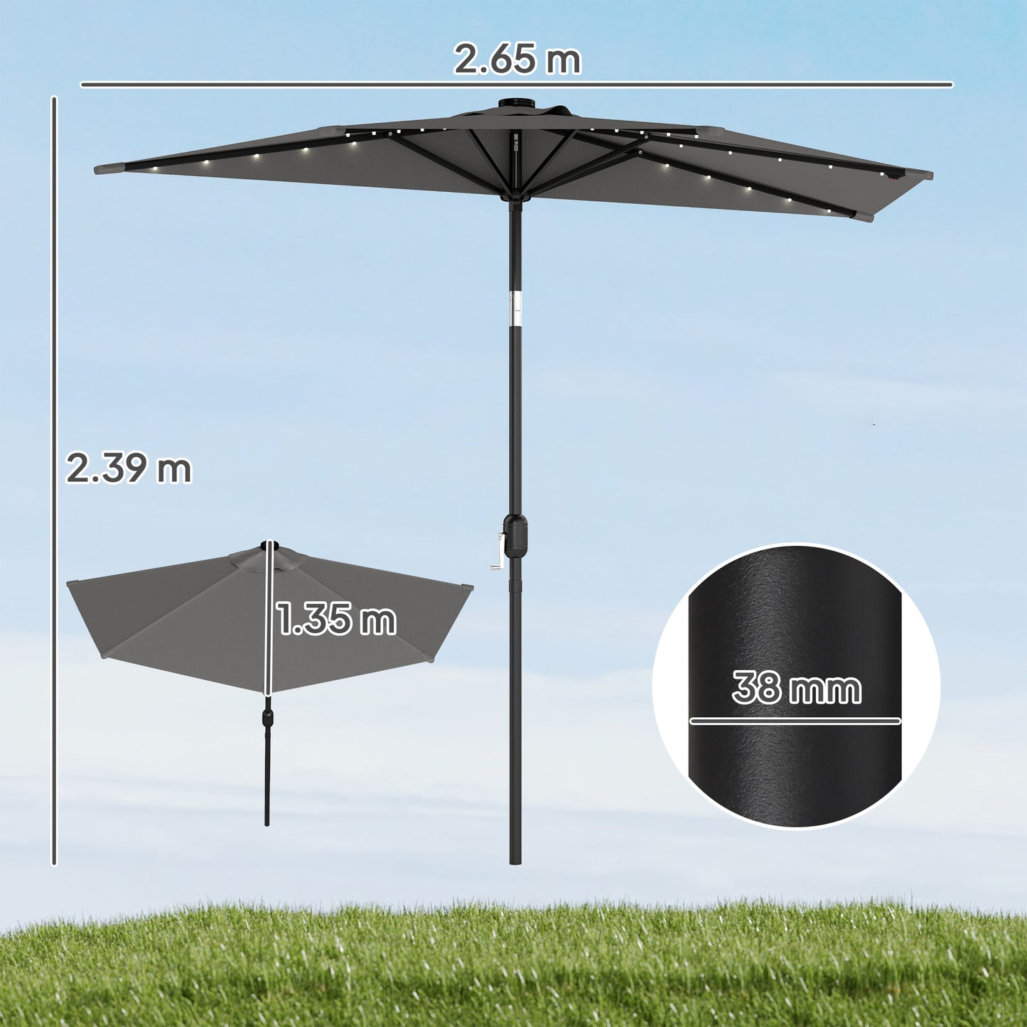 2.6 m Half Garden Parasol with Solar LED Lights