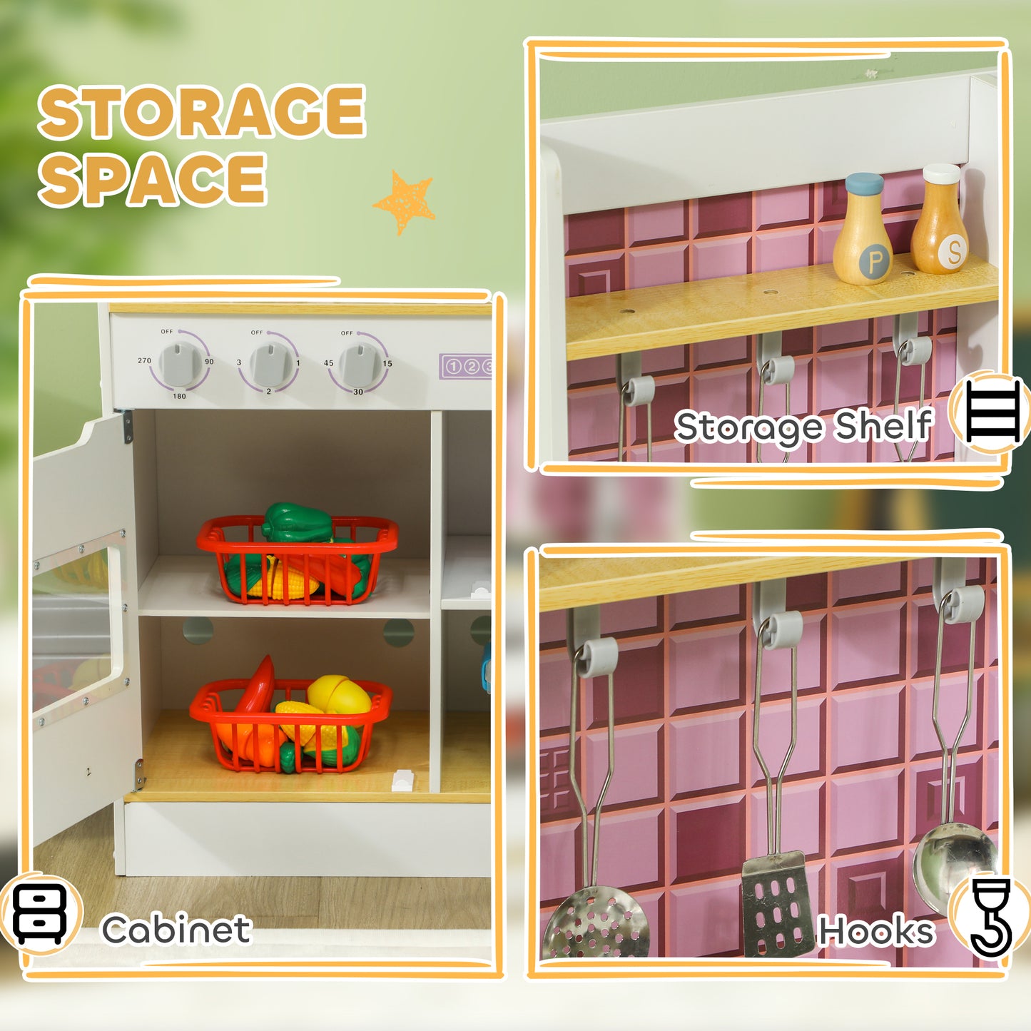 Kids Play Kitchen, Pretend Play Kitchen with Realistic Oven, Stove