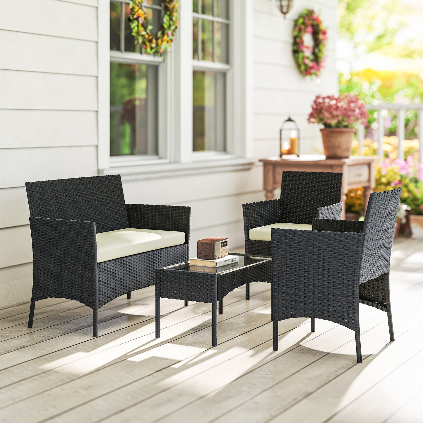 4 Piece Rattan Garden Furniture Sofa Set with Loveseat, Armchairs