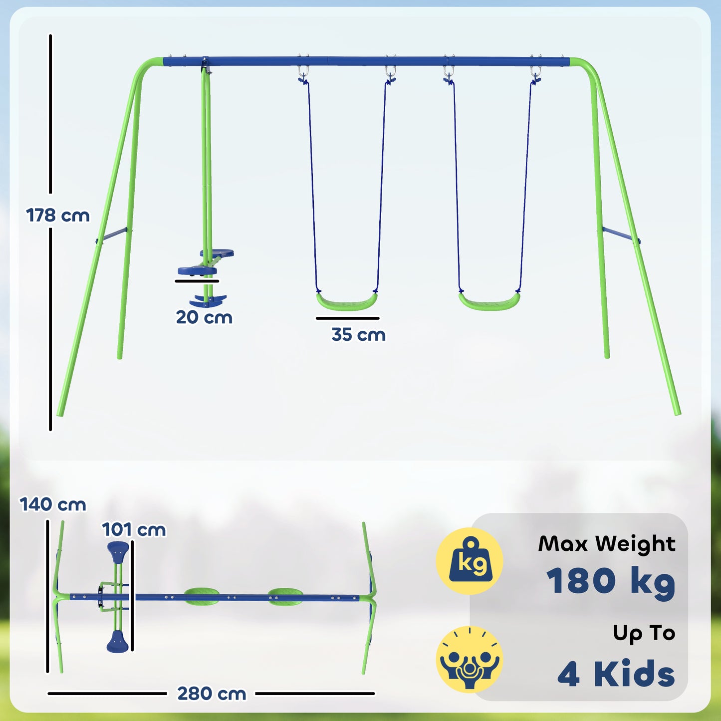 Metal Garden Swing Set Height Adjustable Children Outdoor Backyard