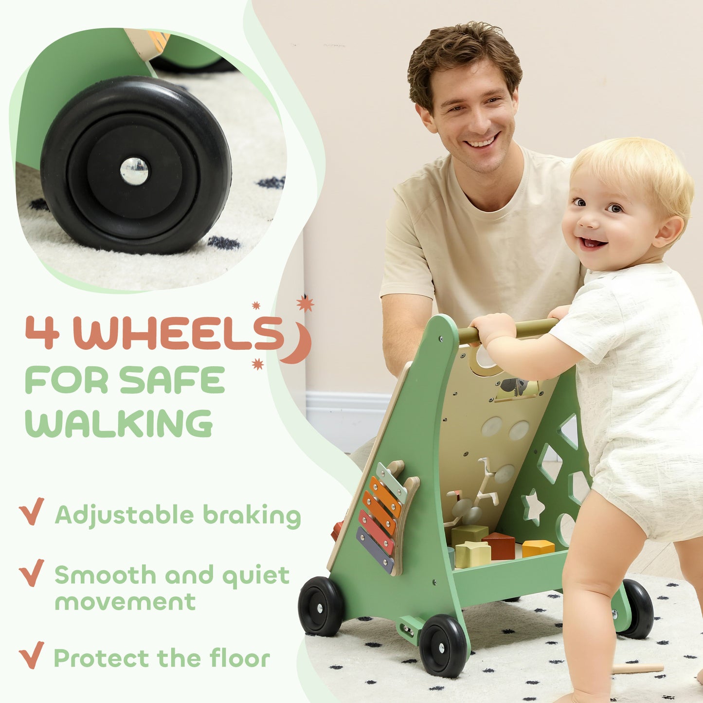 Wooden Baby Walker, Push Along Walker Toys with Speed Control