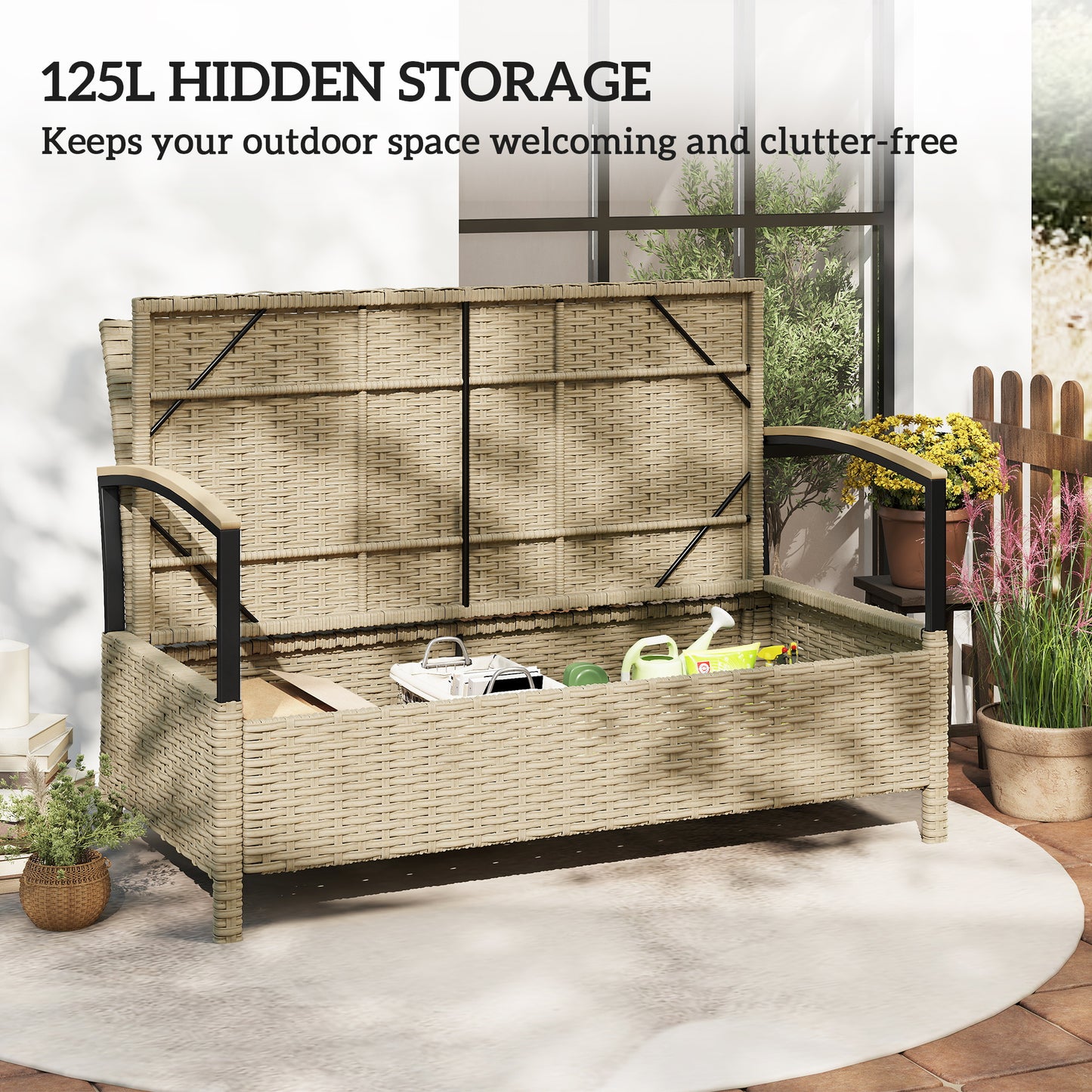 125L Garden Storage Bench, 2 Seater PE Rattan Outdoor Bench Storage